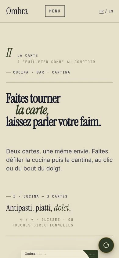 La carte de cuisine italienne du véritable site Ombra